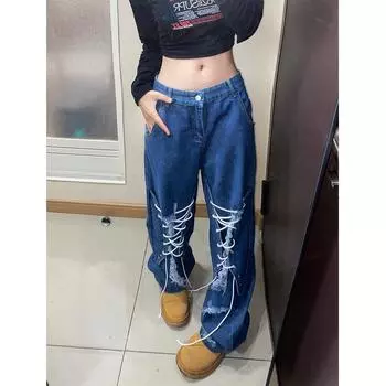 Женские джинсы с рваными дырками на шнуровке, джинсовые брюки, техническая одежда, карго, хип-хоп, готическая, панк, уличная одежда в стиле Харадзюку, летняя мешковатая одежда с высокой талией y2k S синий
