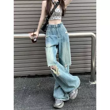 Женские джинсы с рваными дырками, свободные прямые синие джинсовые брюки y2k, уличная модная повседневная одежда BF Cool S синий