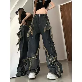 Женские джинсы с рваными кисточками в стиле пэчворк, джинсовые брюки, модная уличная одежда в стиле Харадзюку, летняя мешковатая одежда в стиле хип-хоп, панк y2k S