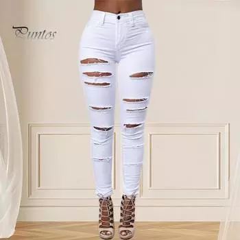 Женские джинсы с рваными отверстиями, с высокой узкой талией, однотонные, облегающие, мягкие, эластичные, повседневные, до щиколотки, женские длинные брюки M чёрный
