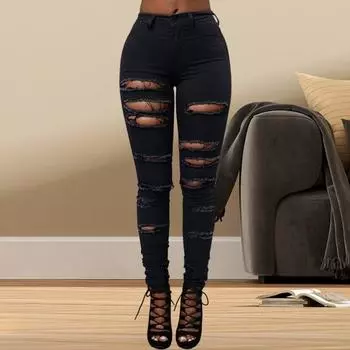 Женские джинсы с рваными отверстиями, с высокой узкой талией, однотонные, облегающие, мягкие, эластичные, повседневные, до щиколотки, женские длинные брюки M чёрный