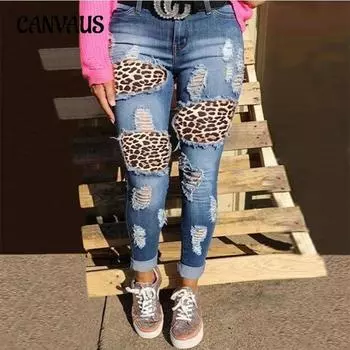 Женские джинсы с рваными штанами, персонализированные леопардовые нашивки, брюки с высокой талией S