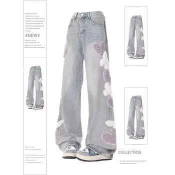 Женские джинсы с сердечком, винтажные мешковатые джинсовые брюки Y2k, 90-е годы, широкие ковбойские брюки Harajuku Kawaii, 2000-е годы, дрянная одежда 2024 S светло-синий