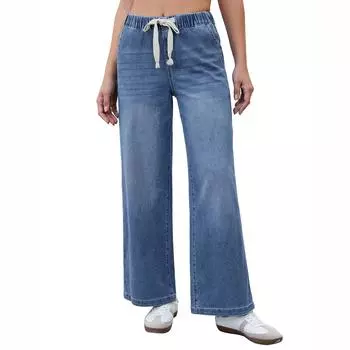 Женские джинсы с широкими штанинами, эластичные джинсы со средней резинкой на талии, мешковатые свободные джинсовые брюки с карманами, модные повседневные L синий