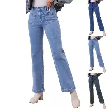 Женские джинсы с широкими штанинами, эластичные прямые джинсы с высокой талией, модные свободные джинсовые брюки с карманами M зелёный