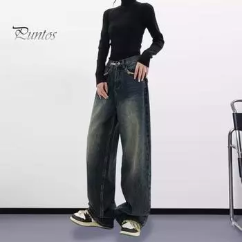 Женские джинсы с широкими штанинами длиной до пола, свободные джинсовые ткани с высокой талией, однотонные пуговицы, застежка-молния, винтажная уличная одежда в стиле хип-хоп, винтажные карманы с глубоким промежностью 3XL темно-синий