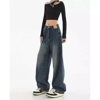 Женские джинсы с широкими штанинами High Street Y2k Casual Брюки Женская мода Черный Синий Свободные джинсовые брюки L чёрный