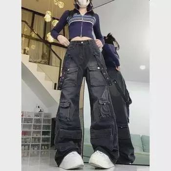 Женские джинсы с широкими штанинами и множеством карманов для работы — осень/зима, свободный крой, дизайн с ремешками Large