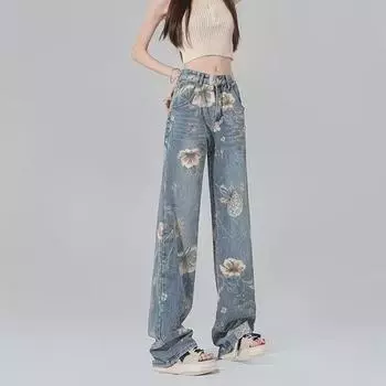 Женские джинсы с широкими штанинами и ретро-принтом — новые весенне-осенние свободные брюки длиной до пола, модный дизайн XL синий