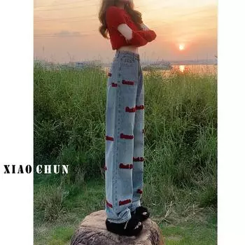 Женские джинсы с широкими штанинами и высокой талией, вышитые - стиль весна/осень 2023 г. M синий