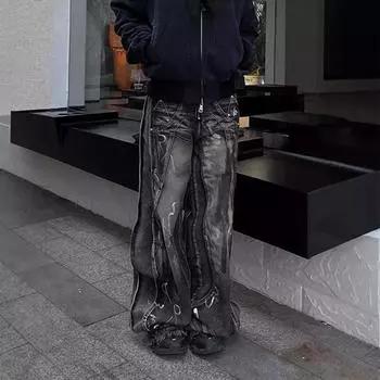 Женские джинсы с широкими штанинами в стиле американского ретро-граффити Medium черный серый