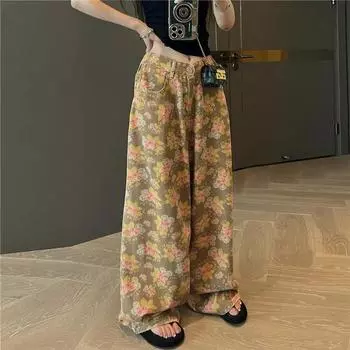 Женские джинсы с широкими штанинами в винтажном стиле с принтом на весну и осень, свободные повседневные брюки с драпировкой 3XL