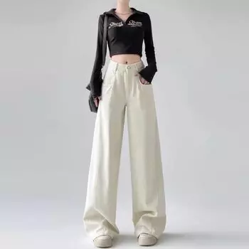 Женские джинсы с широкими штанинами весна-осень ретро свободные брюки из денима с высокой талией прямые брюки одежда 2000 года уличная одежда больших размеров S бежевый