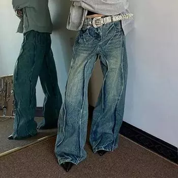 Женские джинсы с трехмерной линией, мешковатые свободные широкие прямые брюки-бойфренды, повседневные джинсовые брюки @harajuku y2k хип-хоп bf ткань XS синий