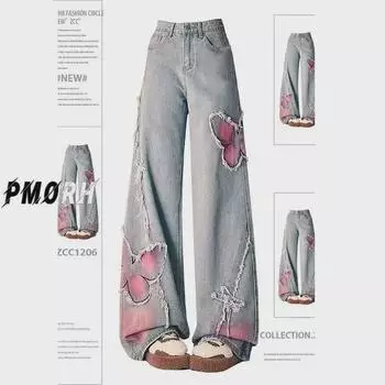 Женские джинсы с вышивкой «Бабочки» широкого кроя: Модные весенние брюки с необработанным краем XL (suggested 120-135 jin) чёрный