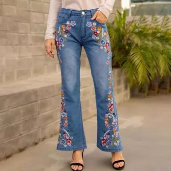 Женские джинсы с вышивкой Узкие узкие расклешенные брюки Брюки Женские женские брюки Женские джинсовые ткани 4XL темно-синий