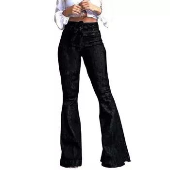 Женские джинсы с высокой эластичностью, широкие брюки, шнуровка, пуговица, застежка-молния, джинсовые брюки с карманами, для отпуска, на каждый день S чёрный