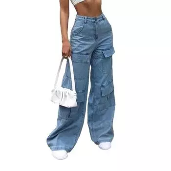 Женские джинсы с высокой посадкой, на пуговицах и молнии, прямые, широкие штанины, деним XS светло-синий