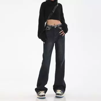 Женские джинсы с высокой талией, большие размеры, расклешенные джинсовые брюки, весна, американский ретро, прямые, тонкий дизайн, повседневные широкие брюки Y2K 5XL синий