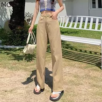 Женские джинсы с высокой талией больших размеров на весну и осень, свободные повседневные прямые универсальные брюки из денима с широкими штанинами S хаки