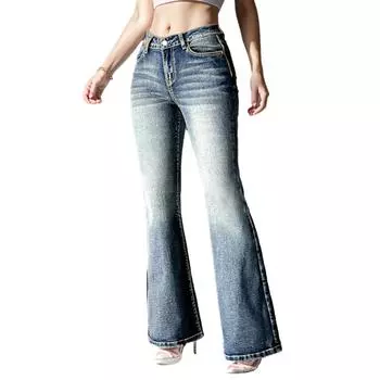 Женские джинсы с высокой талией, градиентные цвета, ретро-карманы, облегающий крой, полная длина, цветной, расклешенный подол, застежка-молния на пуговицы, женские, длинные, Tr XL синий