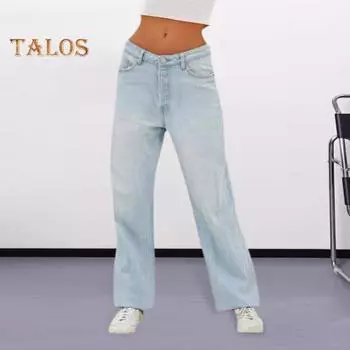 Женские джинсы с высокой талией и карманами на молнии с пуговицами градиентного цвета в стиле ретро с широкими штанинами Свободные цветные длинные женские длинные джинсовые брюки 2XL темно-синий