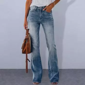 Женские джинсы с высокой талией и карманами на молнии и пуговицах, эластичные градиентные цвета, расклешенный подол в стиле ретро, облегающий крой S синий