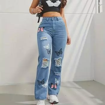 Женские джинсы с высокой талией и контрастным принтом «бабочки» XL синий