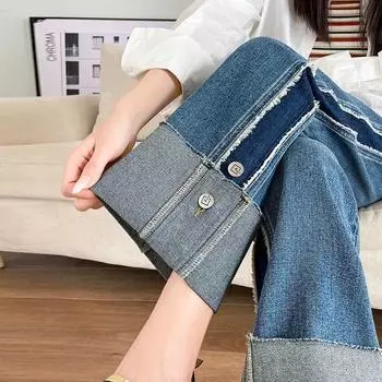 Женские джинсы с высокой талией и контрастными широкими штанинами - весна 2024 г., утягивающий фасон с манжетами M (Recommended 98-110 jin)