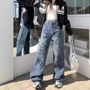 Женские джинсы с высокой талией и принтом в стиле ретро-граффити, широкие — весенний облегающий крой с ромбовидными акцентами L синий