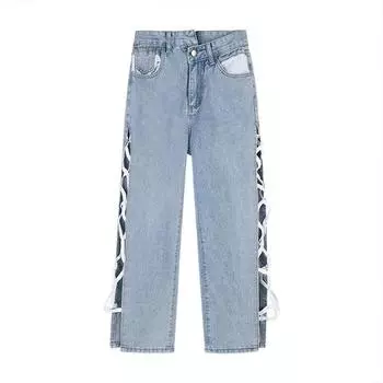 Женские джинсы с высокой талией и разделенными ремешками в европейском и американском стиле, с прямыми рукавами и тонкими широкими штанинами, модная женская одежда XL синий