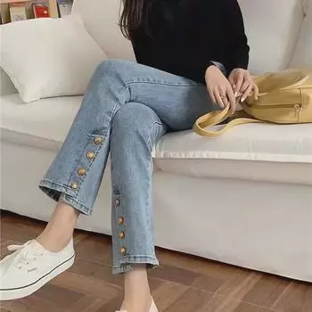 Женские джинсы с высокой талией и разрезом по низу, широкие - ранняя осень, большой размер XL