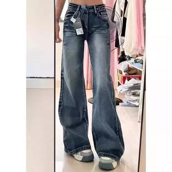Женские джинсы с высокой талией и широкими штанинами на осень 2024 года: Новый нишевый дизайн, свободный крой, стройнящие длинные брюки Small