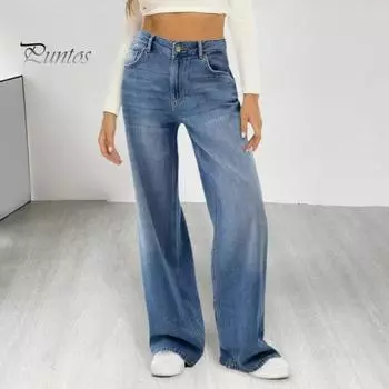 Женские джинсы с высокой талией и широкими штанинами, однотонные свободные пуговицы на молнии с несколькими карманами, джинсовые брюки полной длины, повседневная одежда, длинные брюки S синий