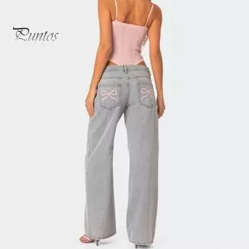 Женские джинсы с высокой талией и широкими штанинами с вышивкой и бантом, сплошной цвет, свободные карманы, карманы, пуговицы, застежка-молния, прямые джинсовые брюки полной длины M светло-синий