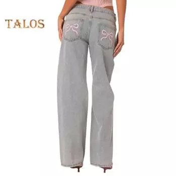 Женские джинсы с высокой талией и широкими штанинами с вышивкой и бантом, сплошной цвет, свободные карманы, карманы, пуговицы, застежка-молния, прямые джинсовые брюки полной длины M светло-синий