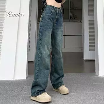 Женские джинсы с высокой талией и широкими штанинами, сплошной цвет, свободные карманы, рваные карманы, застежка-молния на пуговицах, прямые джинсовые брюки полной длины M синий