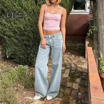 Женские джинсы с высокой талией и широкими штанинами с вышивкой и бантом, сплошной цвет, свободные карманы, карманы, пуговицы, застежка-молния, прямые джинсовые брюки полной длины M светло-синий