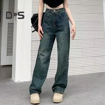 Женские джинсы с высокой талией и широкими штанинами, сплошной цвет, свободные карманы, рваные карманы, застежка-молния на пуговицах, прямые джинсовые брюки полной длины M синий