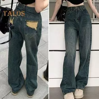 Женские джинсы с высокой талией и широкими штанинами, сплошной цвет, свободные карманы, рваные карманы, застежка-молния на пуговицах, прямые джинсовые брюки полной длины M синий