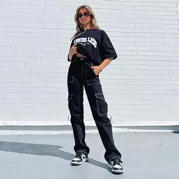 Женские джинсы с высокой талией и широкими штанинами – модные европейские и американские комбинезоны свободного кроя Extra Large