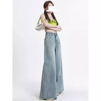 Женские джинсы с высокой талией и широкими штанинами в стиле ретро — осень, свободный крой, привлекательная драпировка L светло-синий