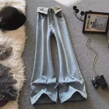 Женские джинсы с высокой талией и широкими штанинами 2024 года — светло-голубые, длиной до пола, с манжетами L