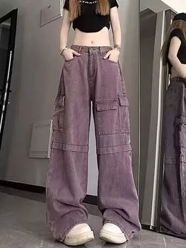 Женские джинсы с высокой талией и широкими штанинами в стиле ретро фиолетового цвета на весну/лето 3XL