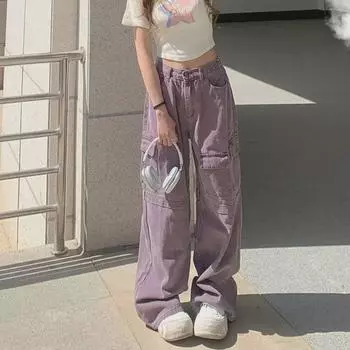 Женские джинсы с высокой талией и широкими штанинами в стиле ретро фиолетового цвета — модная свободная рабочая одежда XL фиолетовый