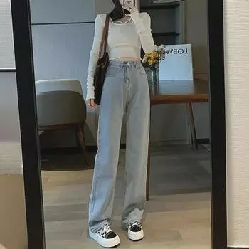 Женские джинсы с высокой талией и широкими штанинами: Грушевидная форма, свободный крой, большие размеры на весну, лето и осень. L