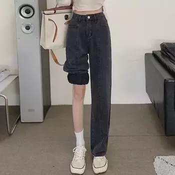 Женские джинсы с высокой талией и широкими штанинами: 2022 Свободный крой, длина до пола. S 40-47.5 kg чёрный/серый