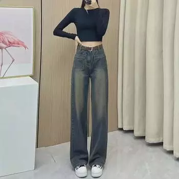 Женские джинсы с высокой талией и широкими карманами цвета цемента и серого цвета Medium