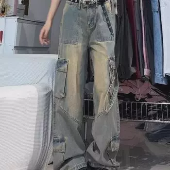 Женские джинсы с высокой талией и широкими штанинами в стиле ретро — осенний уличный стиль XL синий