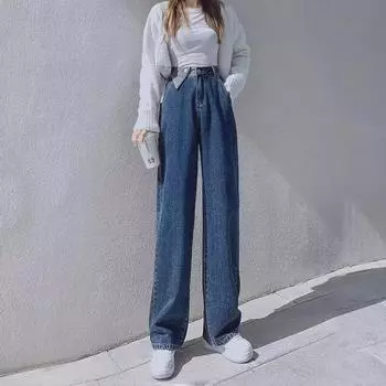 Женские джинсы с высокой талией и широкими штанинами: 2024 Маленький размер, Длина до пола, Прямой крой для весны и осени 2XL темно-синий